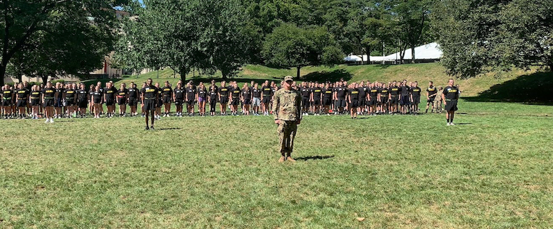 Cadets stand in formation after conducting a lab, as part of the Military Science curriculum.